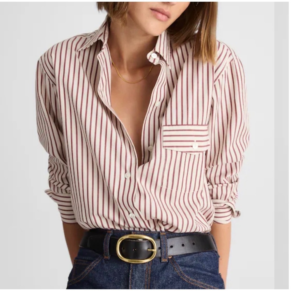 Madewell Button Down Womens M Burgundy Cream Striped Long Sleeve Shirt NWOT